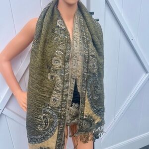 Oversized Paisley Shawl Wrap Scarf Green Gold Boho Fringe Large Pashmina Style